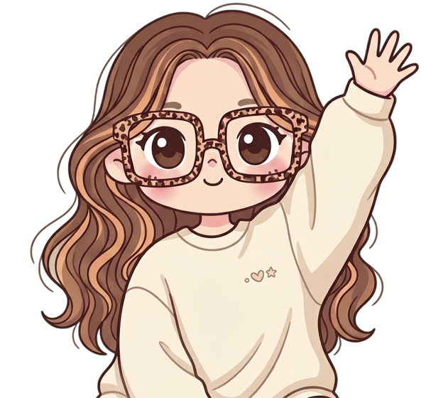 Momo qui fait coucou de la main, lunettes léopard et pull crème