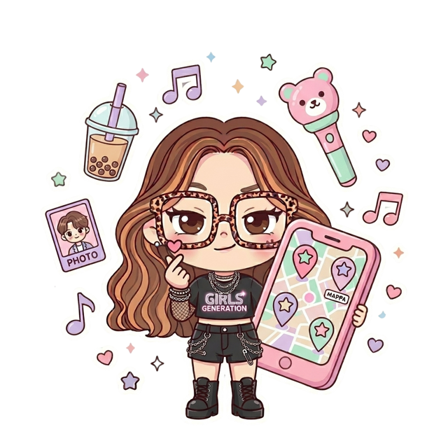 Momo avec sa carte des events kpop, l'illustration de SugarSpot